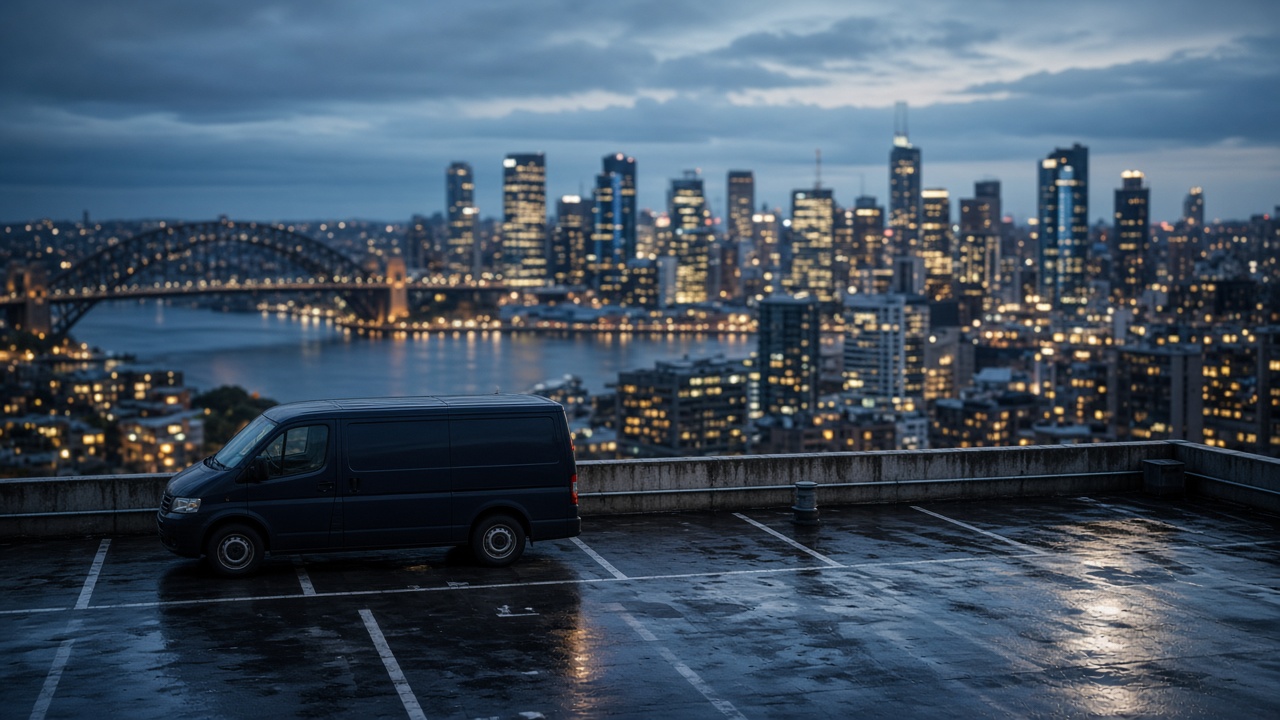 Sydney towers and harbour water at blue hour, with a dark van on a wet rooftop.